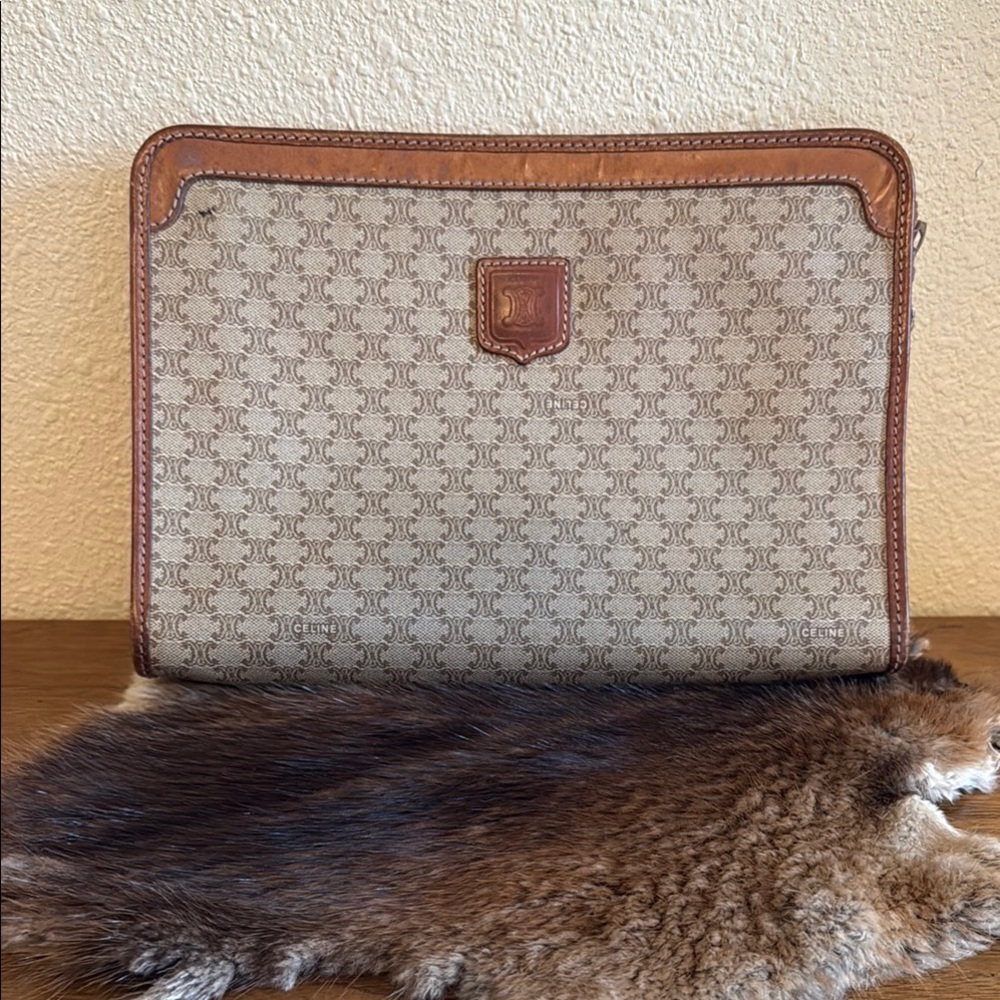 Celine Brown Toiletry Bag with Geometric Pattern and Leather Trim